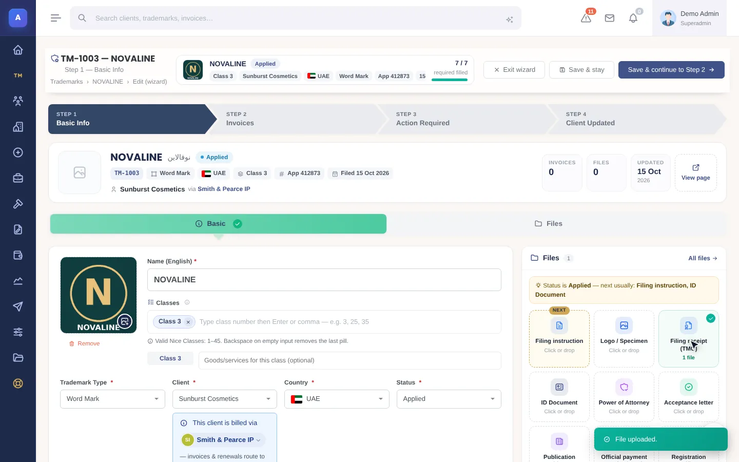 IPBases 2.1 trademark record with logo and the files panel showing a filing receipt uploaded (demo data)