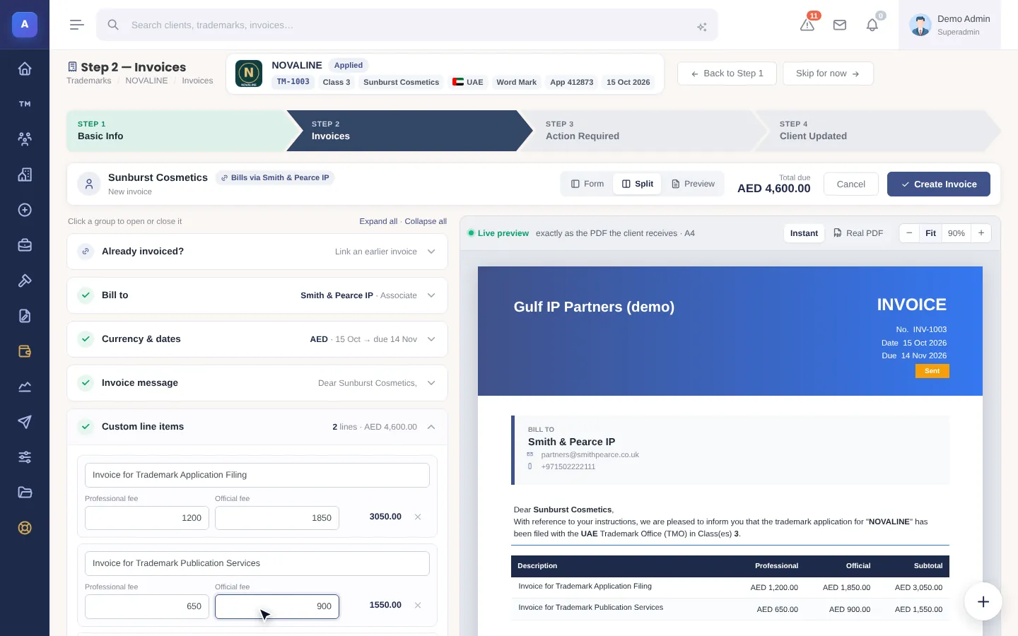 IPBases 2.1 invoice builder with live A4 preview routed via an associate (demo data)