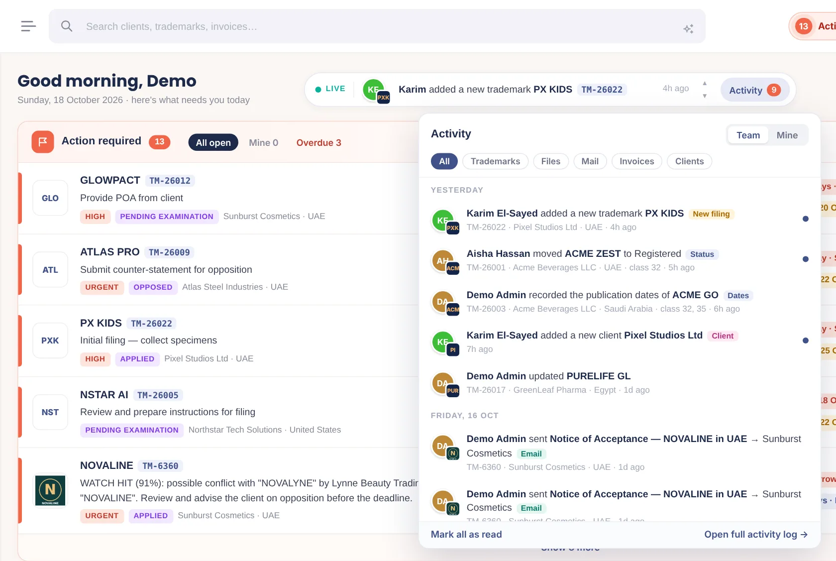 IPBases live activity ticker and Activity panel showing who added, updated and emailed which trademark (demo data)