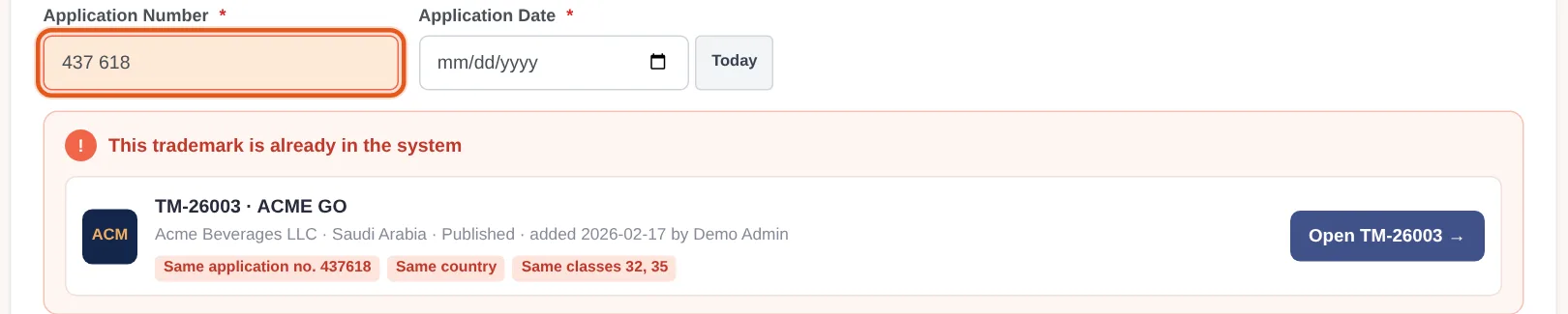IPBases warning that a trademark with the same application number, country and classes already exists (demo data)