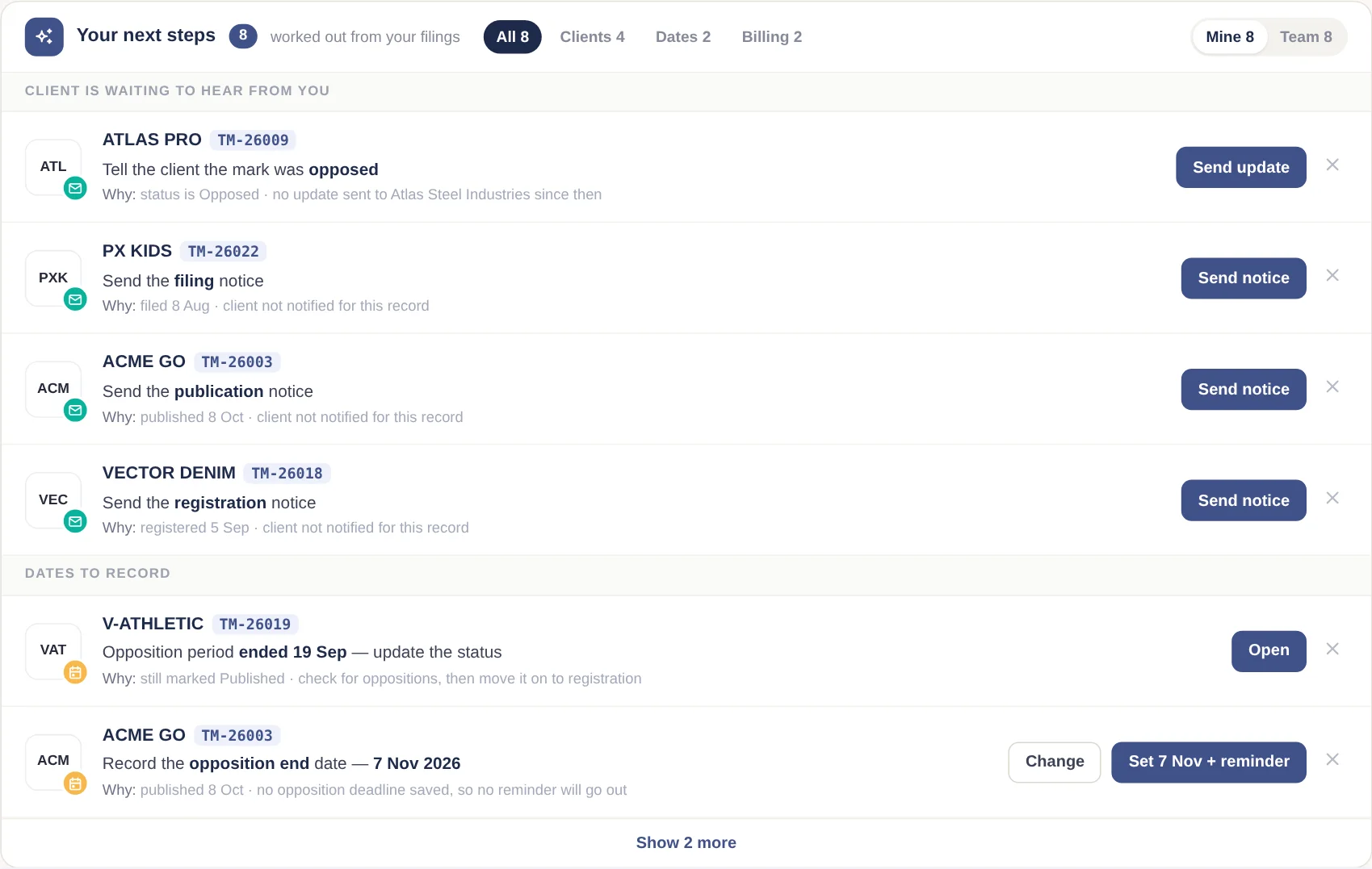 IPBases Your next steps card: client notices to send, an opposition end date to record and filings without an invoice (demo data)