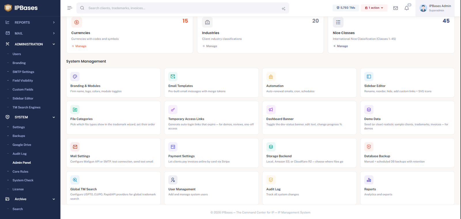 IPBases system management cards including email templates, automation, sidebar editor, file categories, temporary access links, demo data, mail settings, Stripe payment settings, storage backend, database backup, global trademark search, and audit log
