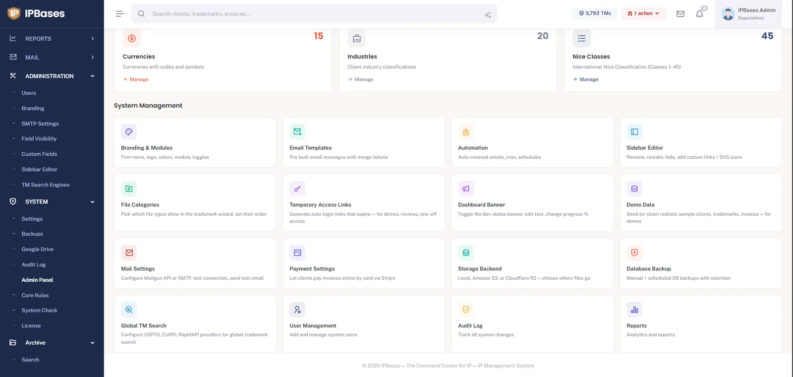 IPBases system management cards including email templates, automation, sidebar editor, file categories, temporary access links, demo data, mail settings, Stripe payment settings, storage backend, database backup, global trademark search, and audit log