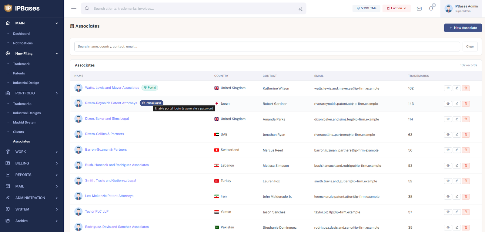 IPBases associates register listing 182 foreign agent firms with country flags, contacts, trademark counts and a one-click portal login enable button