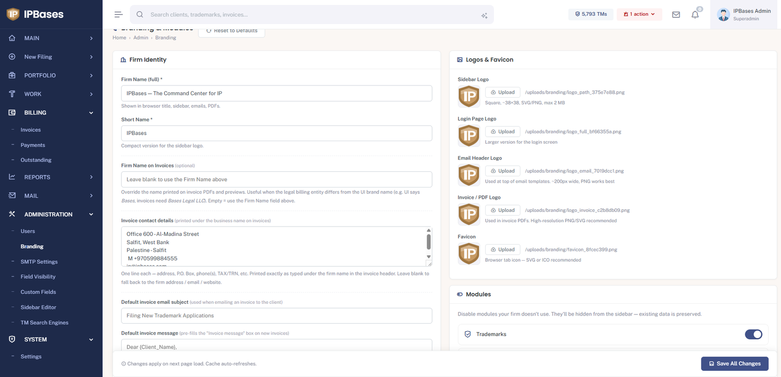 IPBases branding settings showing firm identity fields, invoice contact details, default invoice email subject and separate logos for sidebar, login, email and invoice PDFs