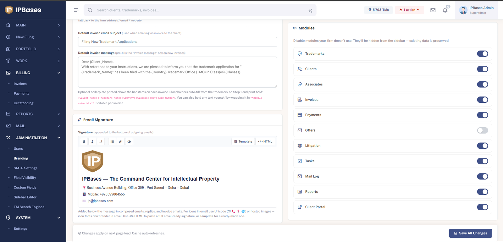 IPBases branding page with email signature editor and module toggles for Trademarks, Clients, Associates, Invoices, Payments, Offers, Litigation, Tasks, Mail Log, Reports and Client Portal