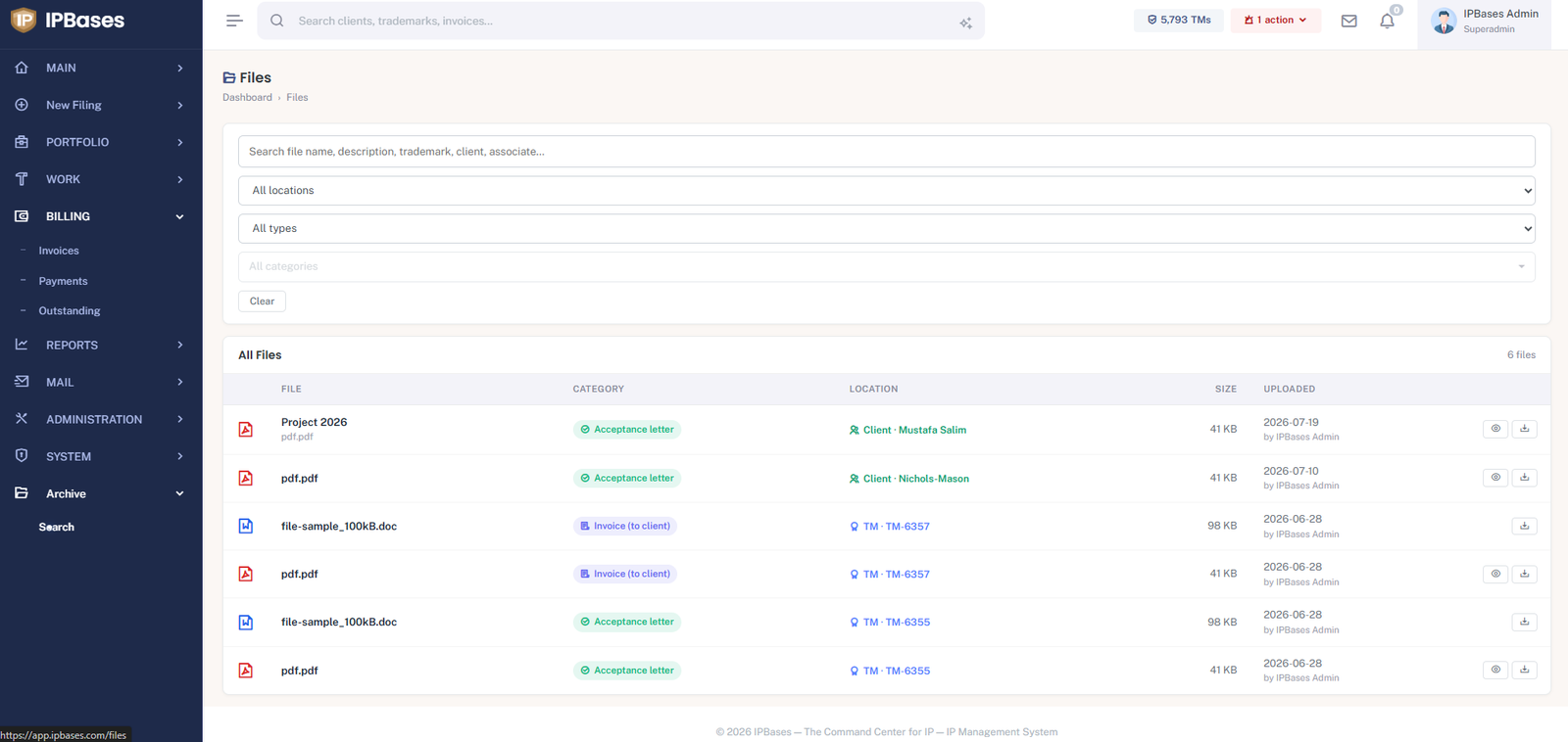 IPBases files workspace with categorized documents such as acceptance letters and client invoices, each linked to a trademark or client, searchable by name, category and location