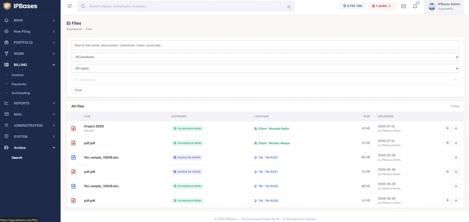IPBases files workspace with categorized documents such as acceptance letters and client invoices, each linked to a trademark or client, searchable by name, category and location