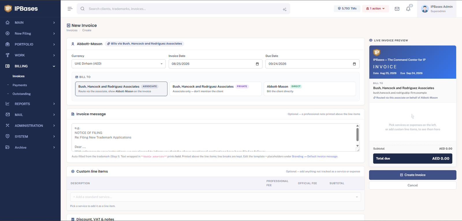 IPBases new invoice screen showing bill-to routing options — via associate, associate-only private, or client direct — with a live branded invoice preview