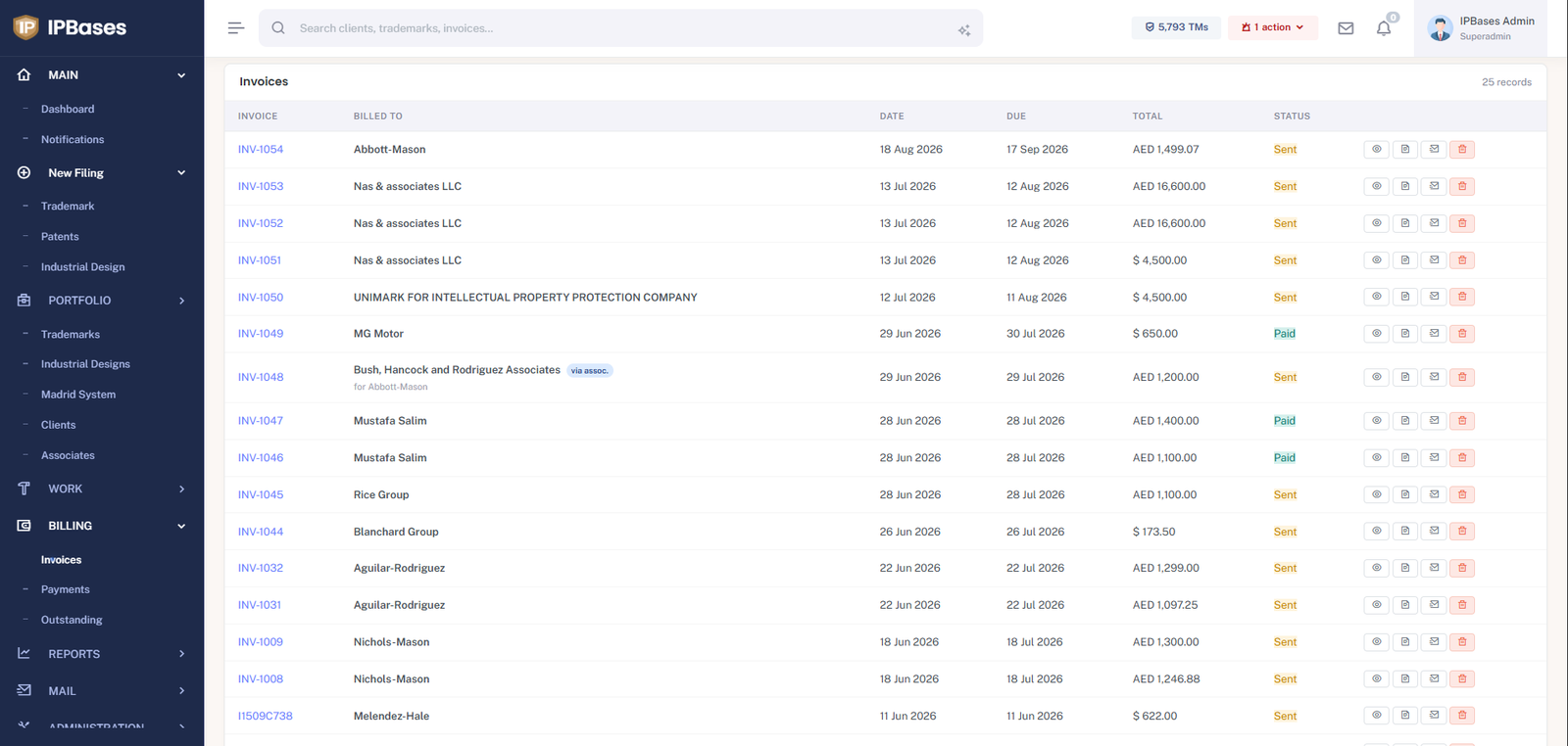 IPBases invoice list showing multi-currency invoices in AED and USD with sent and paid statuses and via-associate badges