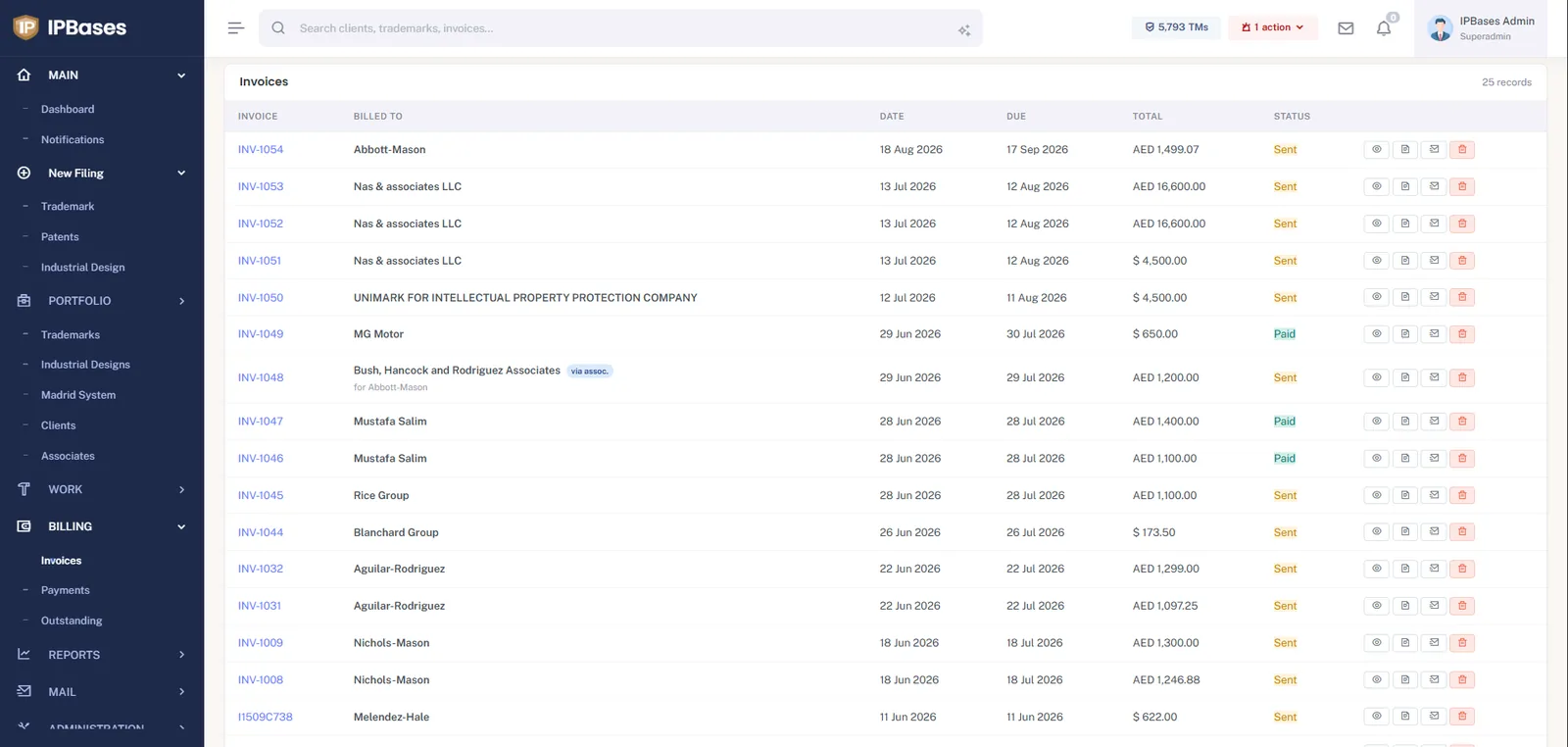 IPBases invoice list showing multi-currency invoices in AED and USD with sent and paid statuses and via-associate badges