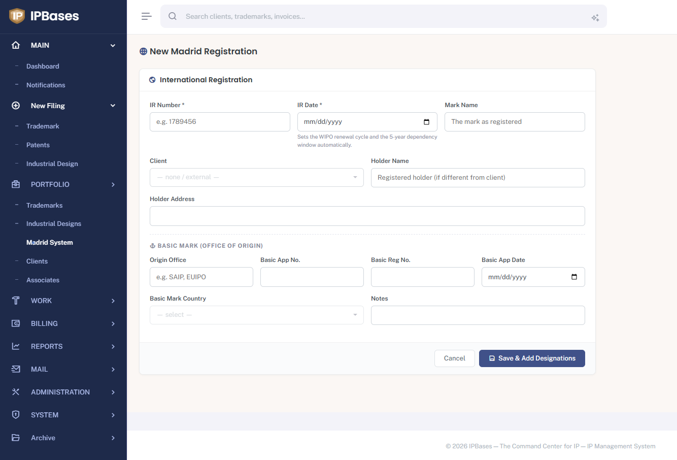 IPBases new Madrid registration form with IR number, IR date that sets the WIPO renewal cycle and 5-year dependency window automatically, holder details, and basic mark office of origin fields