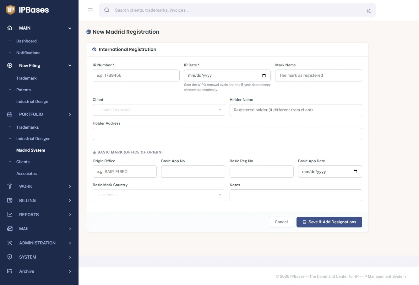 IPBases new Madrid registration form with IR number, IR date that sets the WIPO renewal cycle and 5-year dependency window automatically, holder details, and basic mark office of origin fields