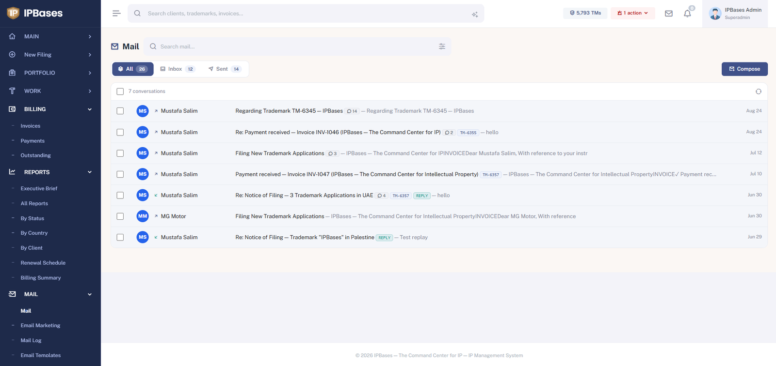IPBases built-in mail module showing threaded client conversations tagged with trademark references and invoice numbers, with inbox and sent views