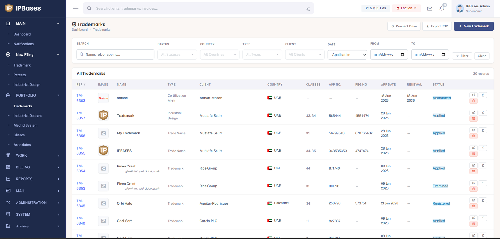 IPBases trademark portfolio list with mark images, English and Arabic names, type, client, country flags, Nice classes, application and registration numbers, dates, renewal date and color-coded status