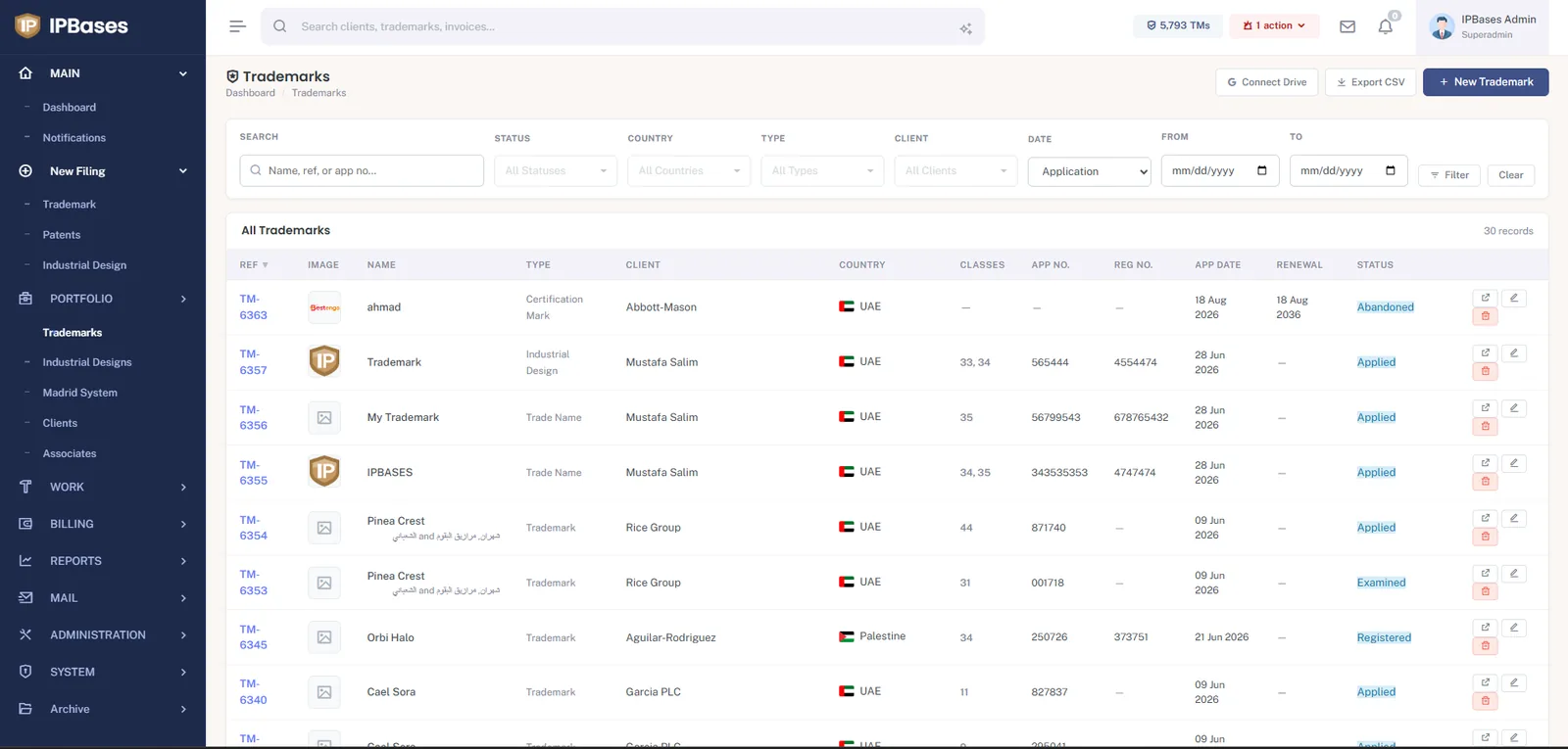 IPBases trademark portfolio list with mark images, English and Arabic names, type, client, country flags, Nice classes, application and registration numbers, dates, renewal date and color-coded status
