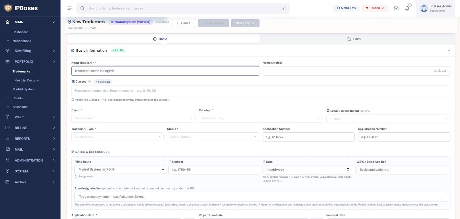 IPBases trademark wizard step 1 for a Madrid System filing, with English and Arabic name fields, Nice class picker, client and country selection, and IR number and date fields
