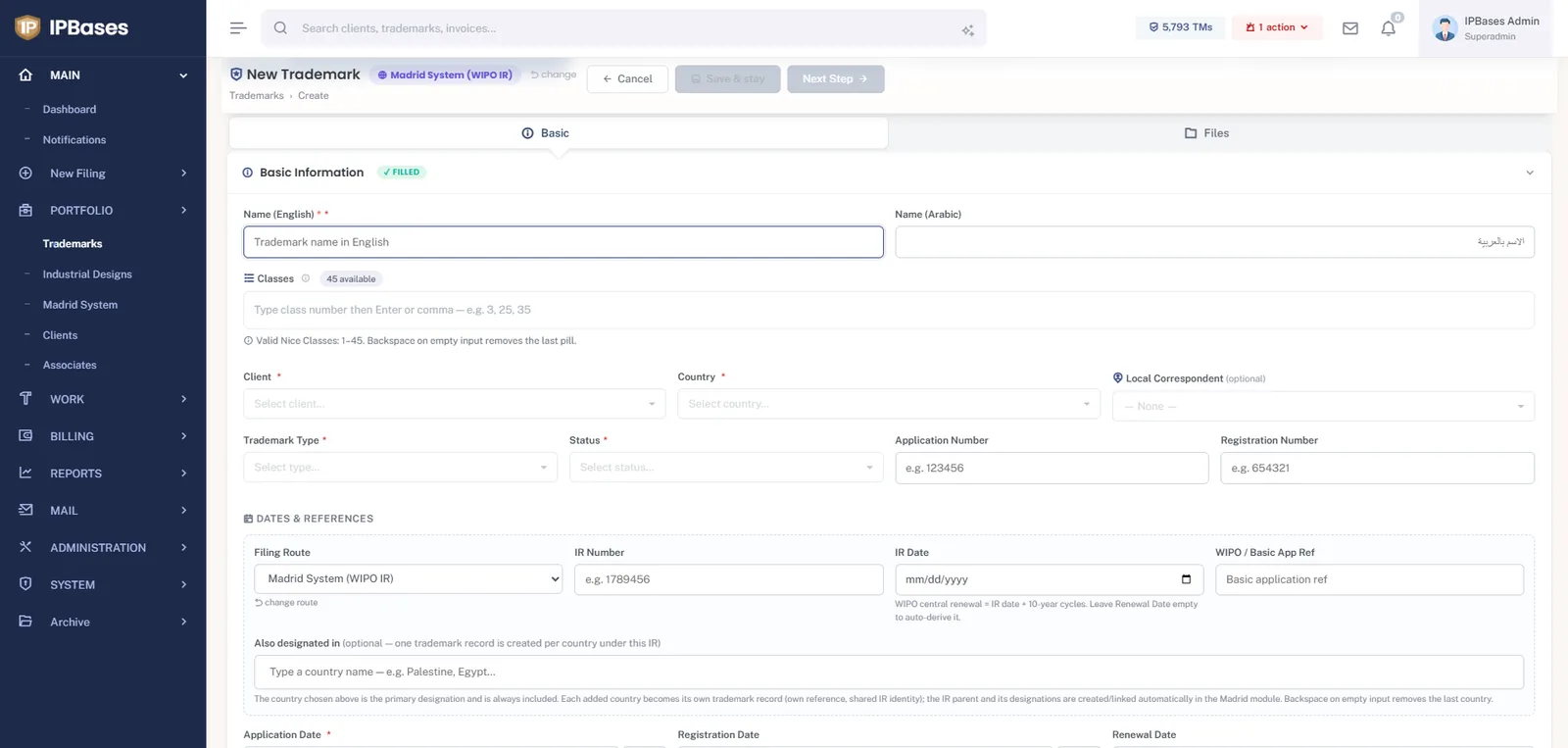 IPBases trademark wizard step 1 for a Madrid System filing, with English and Arabic name fields, Nice class picker, client and country selection, and IR number and date fields