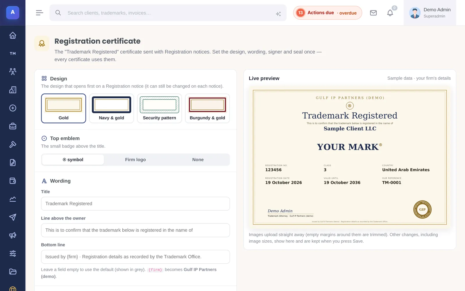 The registration certificate designer with fields for title, ring text and signature and a live preview of the certificate