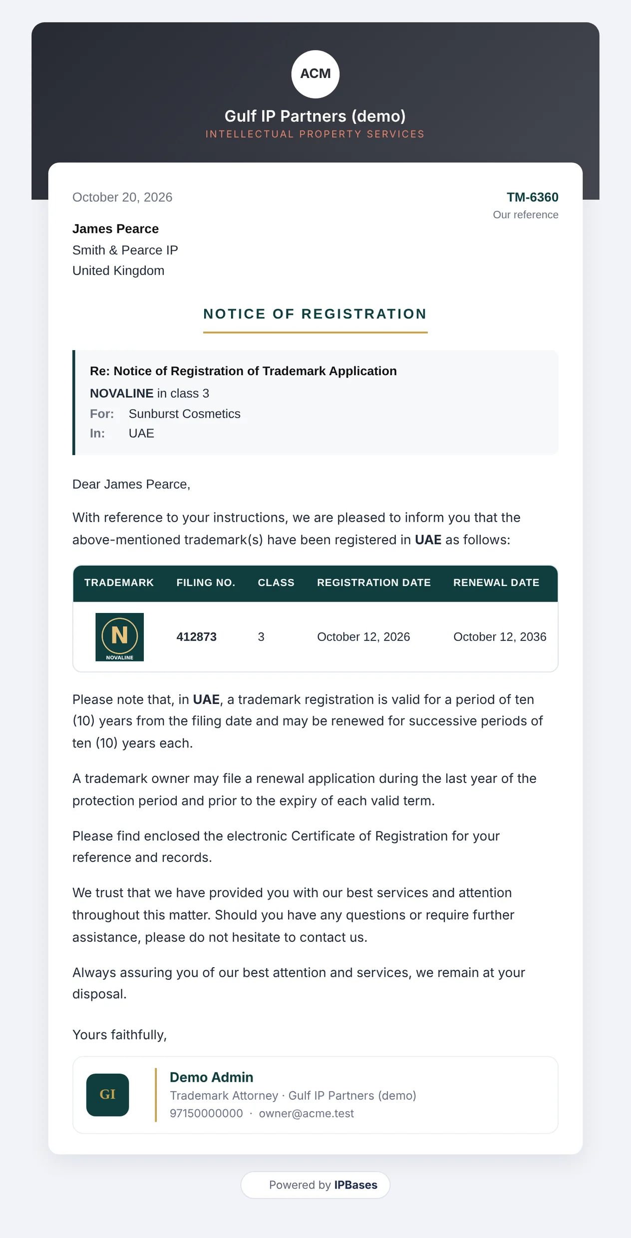A Notice of Registration email for NOVALINE: firm header, date, recipient, reference, mark details, a table with logo, filing number, class, registration and renewal dates, and the attorney’s signature