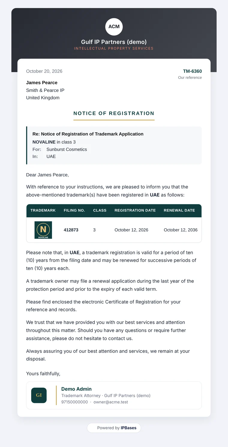 A branded Notice of Registration email as the correspondent receives it
