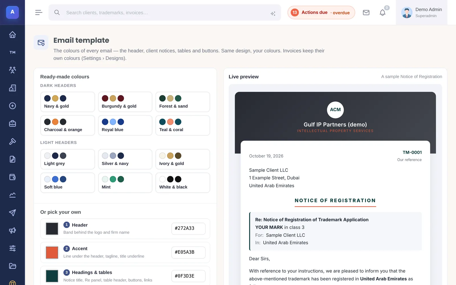 The email design page: ready-made colour sets on the left and a live preview of a Notice of Registration on the right