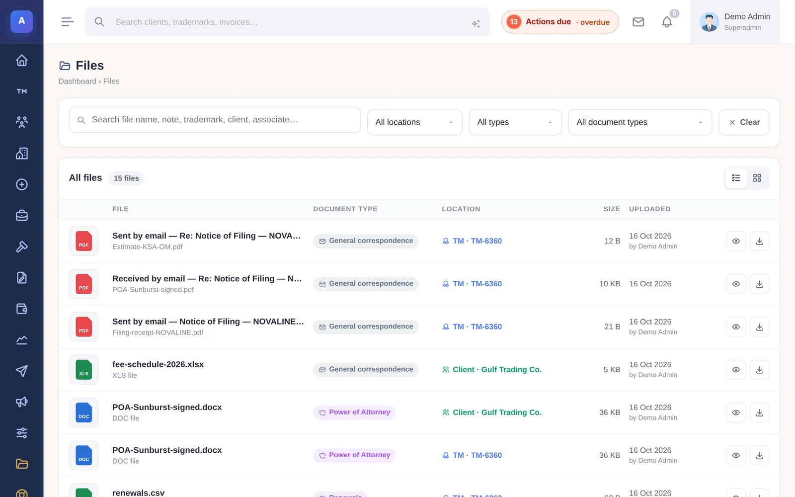The Files page listing every file with its document type, the record it belongs to, size and upload date