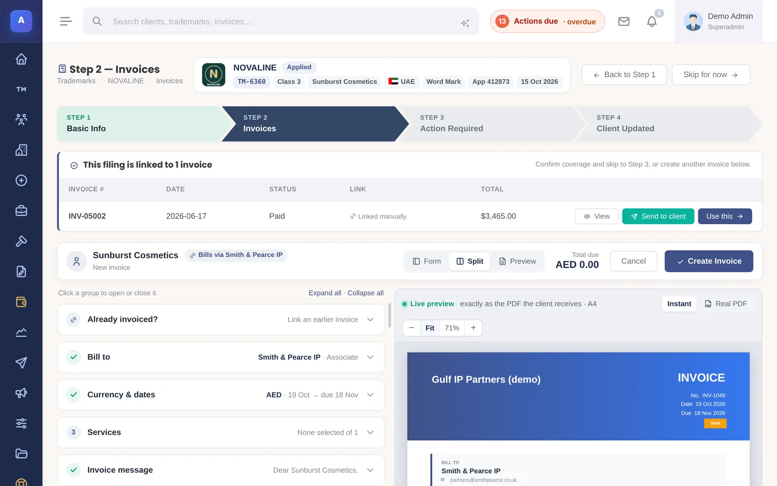 The invoice builder: bill-to, currency and dates, services and invoice message on the left, and a live A4 preview of the invoice on the right