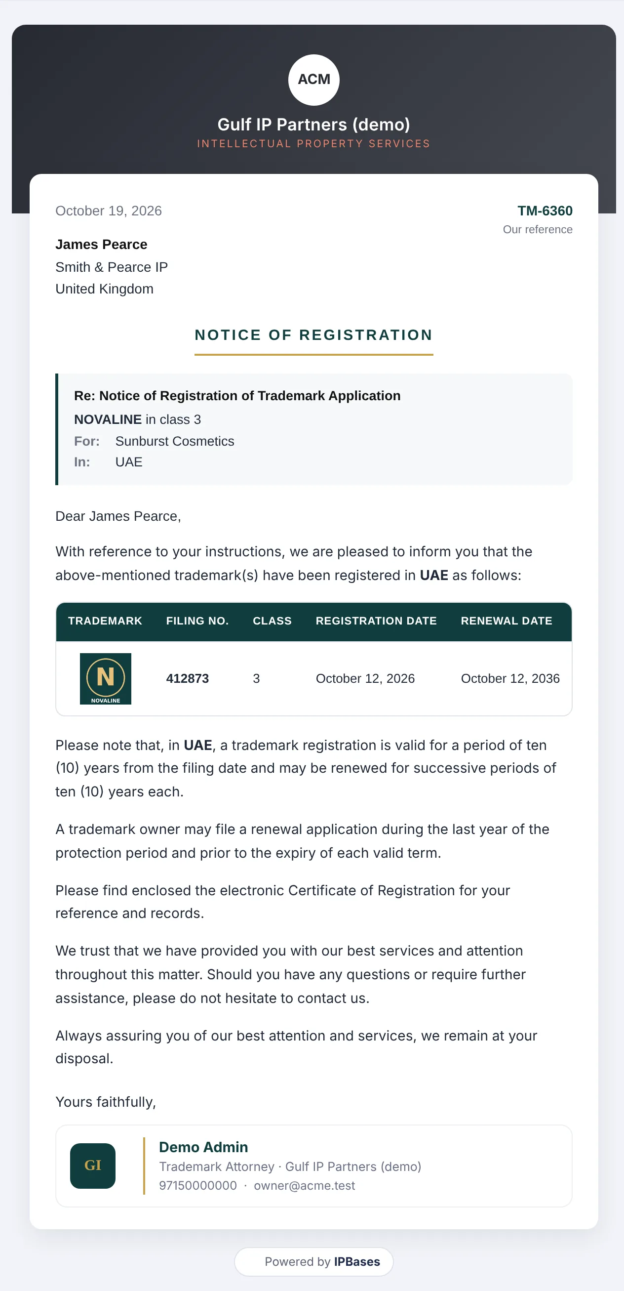 Notice of Registration in English, written by IPBases from the trademark record