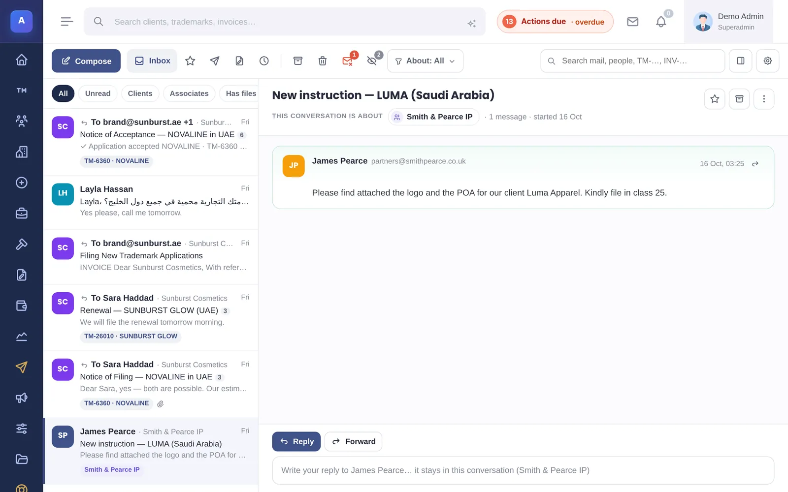 The IPBases mailbox: folders and filters on the left, a list of conversations tagged with their trademark, and an open conversation with a reply box