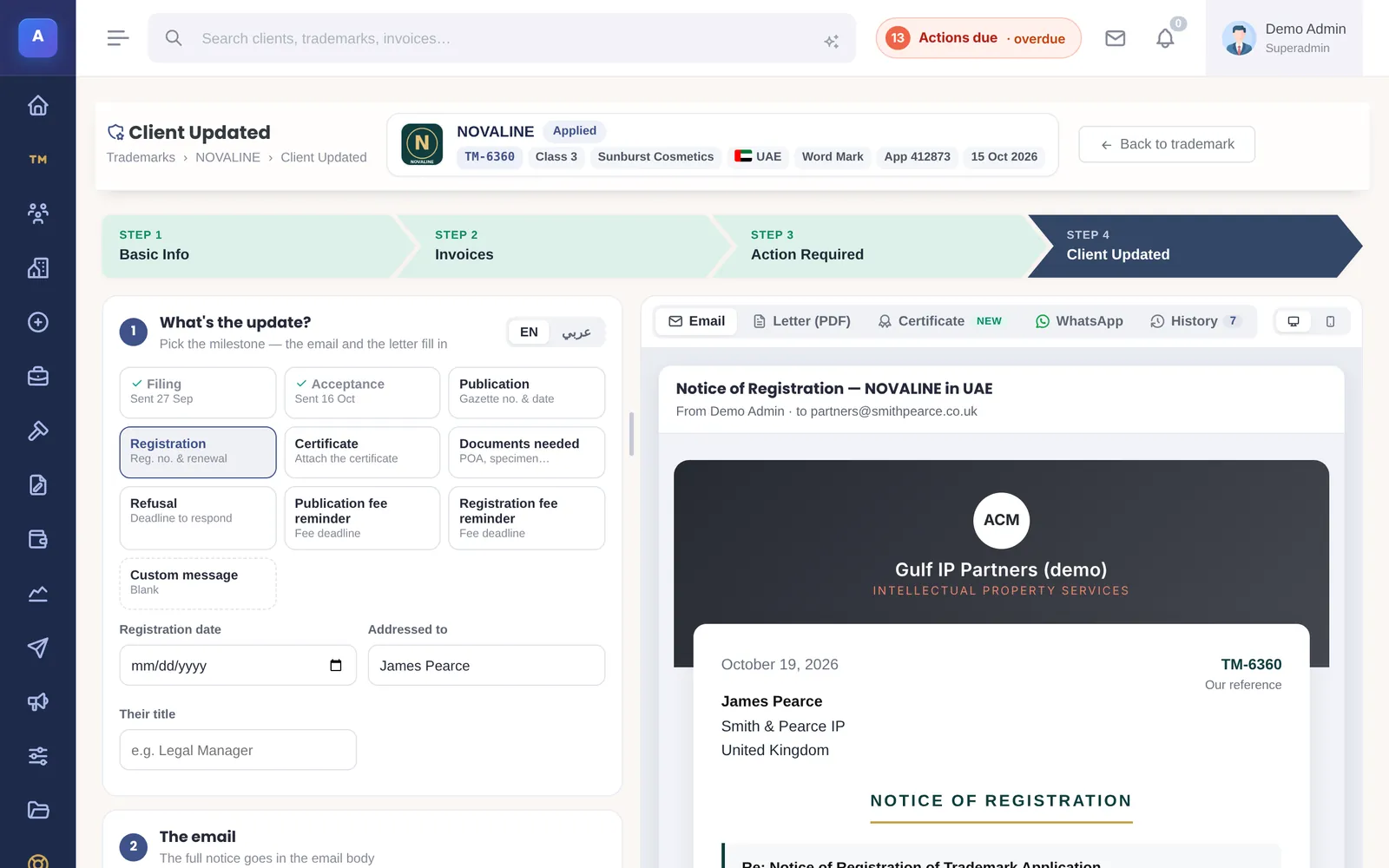 The Client updated step: milestones on the left and a live preview of the branded Notice of Registration email on the right, with Email, Letter (PDF), Certificate, WhatsApp and History tabs