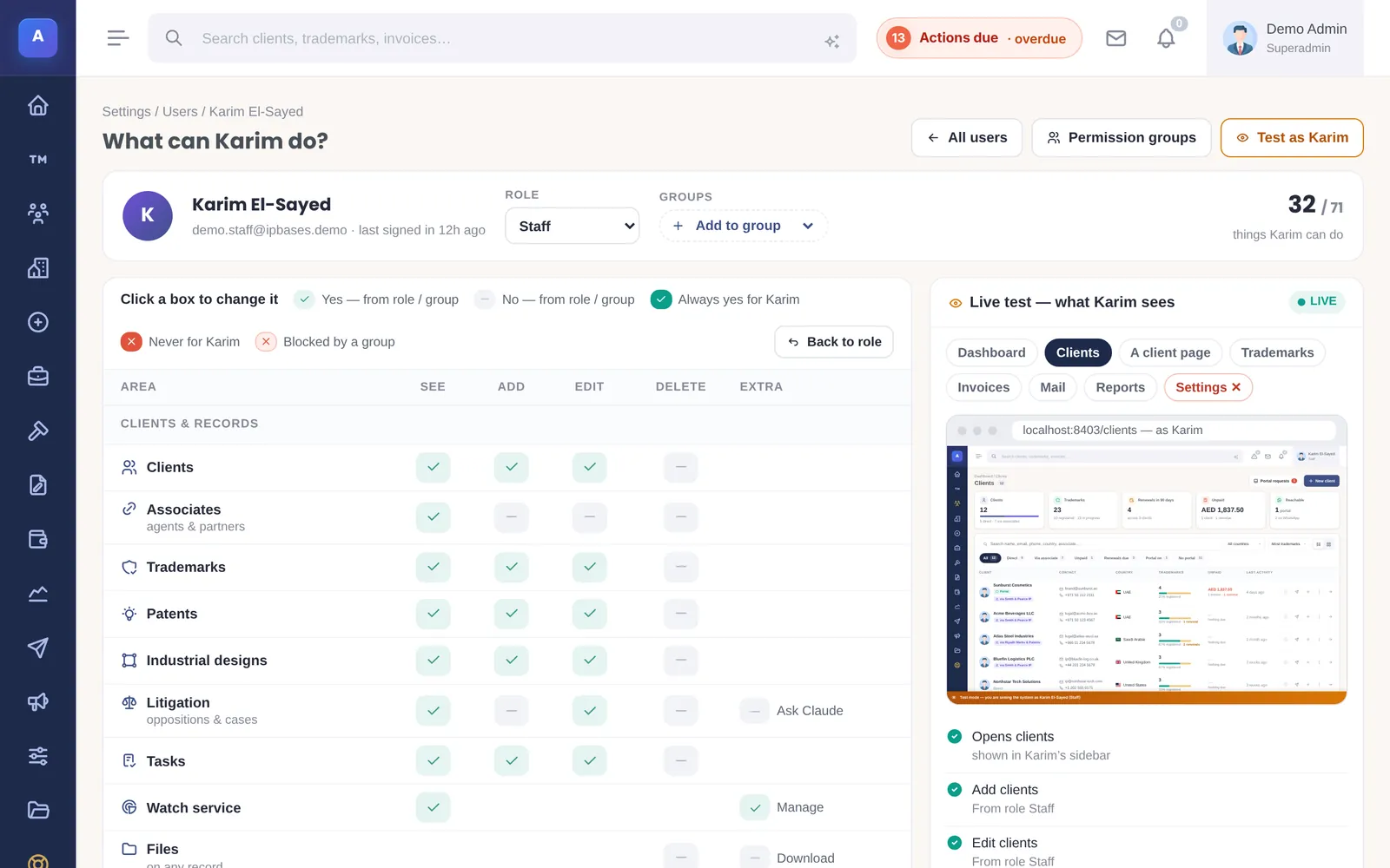What can Karim do: role and groups at the top, the permission grid by area, and a live preview of what Karim sees