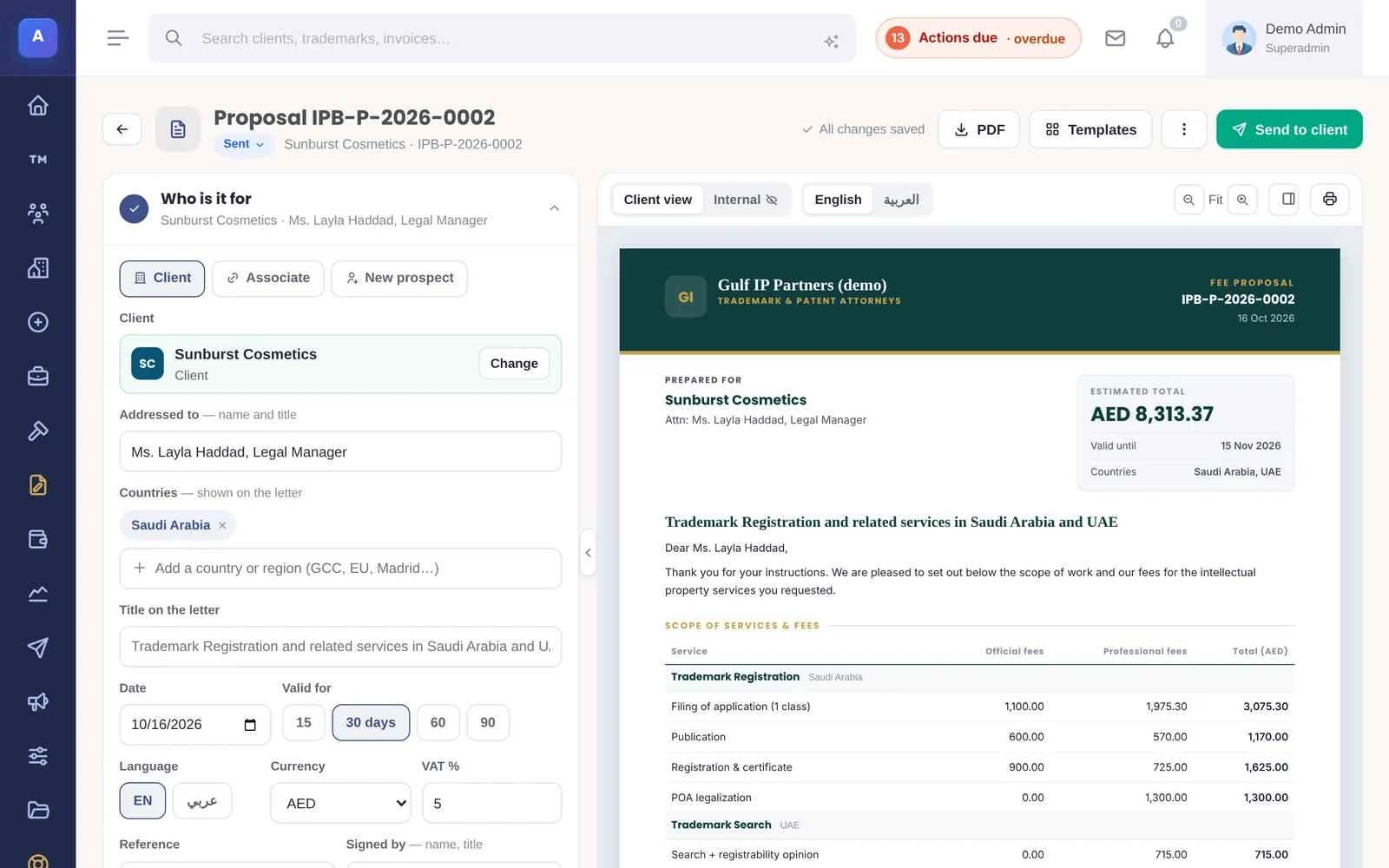 The proposal studio: who it is for, countries, dates and language on the left, and the fee proposal letter previewed on the right