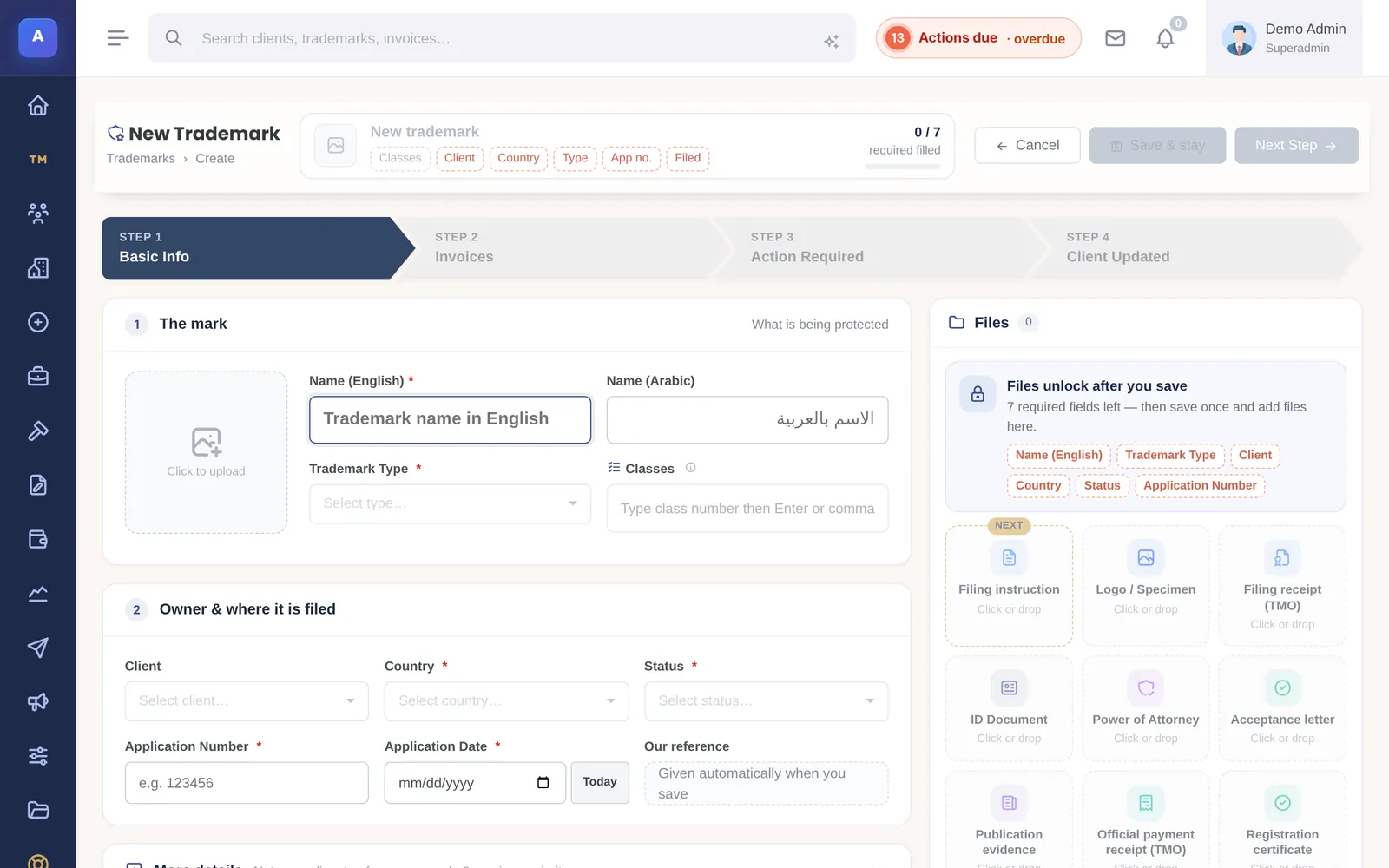 The new trademark form: logo, English and Arabic names, type, classes, client, country, status, application number and date, with document cards on the right